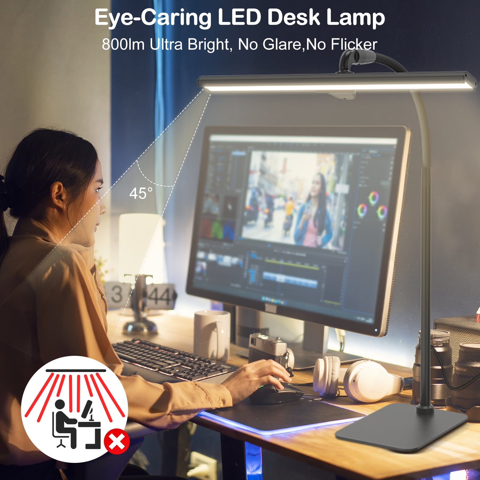 Lococo LED Desk Lamp, Tall Gooseneck, 5-Level Dimmable Brightness & Color for Home Office