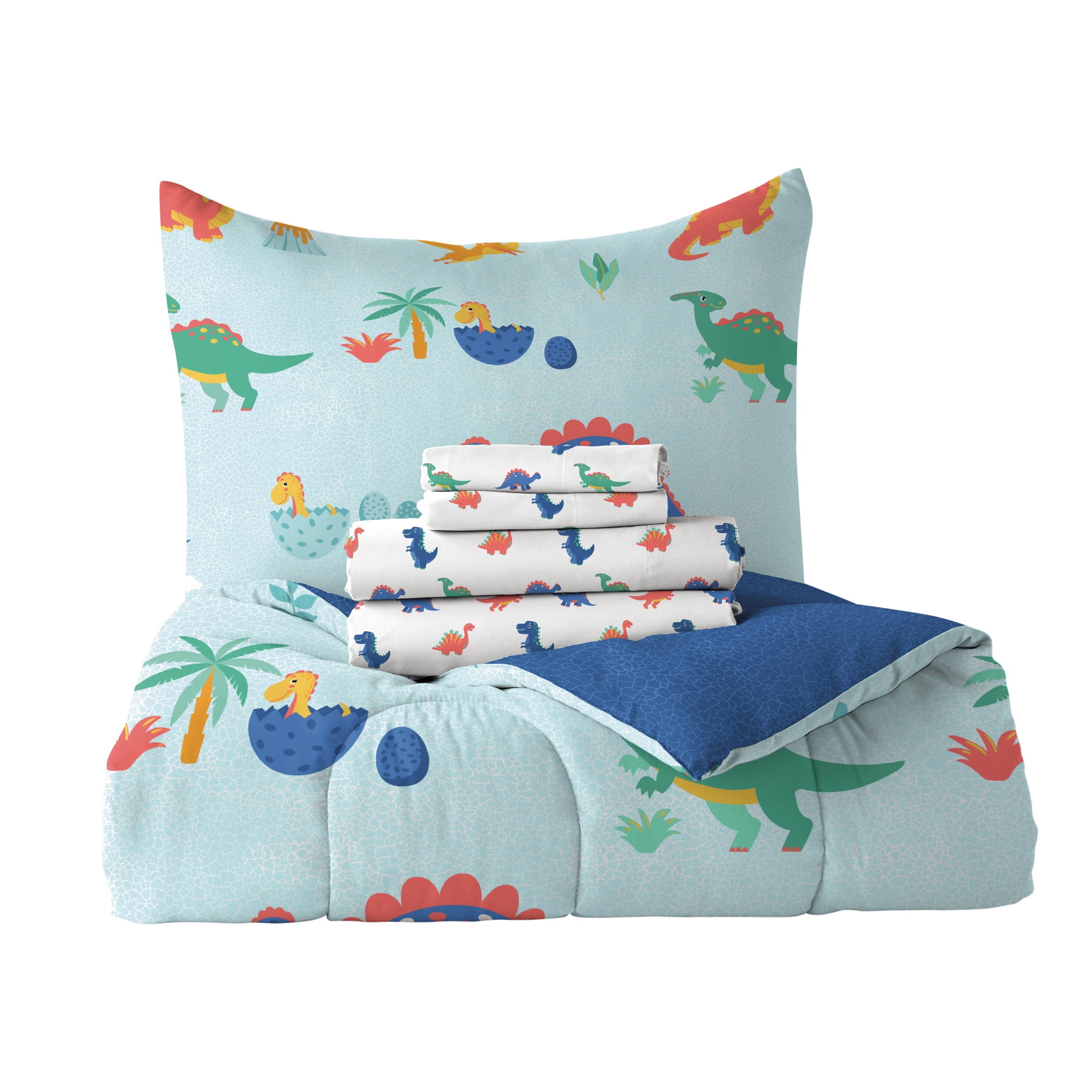 Dream Factory Sweet Dino Twin Bed in a Bag Blue, Microfiber, 100% Polyester Fill, Male, Child