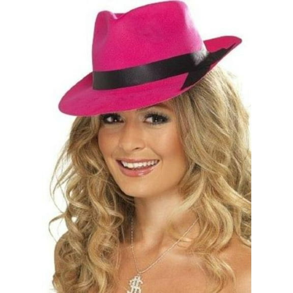 Flocked Plastic Neon Pink Trilby Fedora Costume Hat