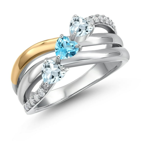 Gem Stone King 925 Silver and 10K Yellow Gold Sky Blue Aquamarine and Swiss Blue Topaz and Lab Grown Diamond Engagement Ring for Women | 0.92 Cttw | Heart Shape Gemstone March Birthstone | Size 5