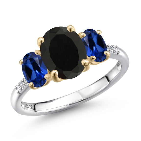 Gem Stone King 925 Silver and 10K Yellow Gold Black Onyx and Blue Created Sapphire and Lab Grown Diamond Engagement Ring for Women | 3.26 Cttw | Oval 9X7MM | December Birthstone | Size 8