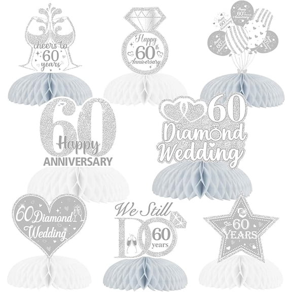 8Pcs 60th Diamond Wedding Anniversary Table Honeycomb Centerpieces Decorations, Romantic 60th Wedding Anniversary Cheer to 60 Years Table Toppers Decors