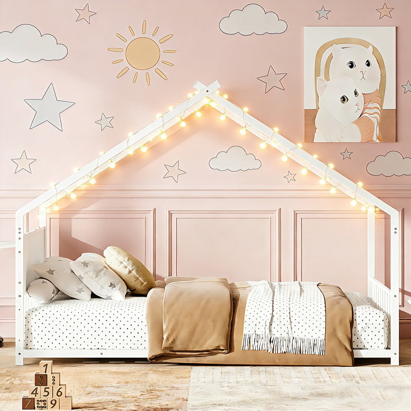 Twin Size Montessori Bed with LED Light Strips, Metal Floor Bed with Headboard and Footboard,Twin House Bed Frame with Slats Support（White)