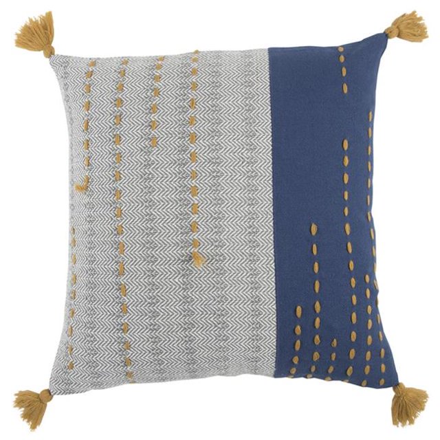 HomeRoots 403258 Coussin Décoratif Kantha Stitch, Bleu, Gris & Or