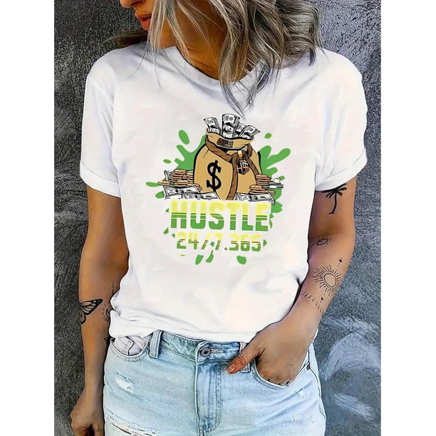 Camisetas con gráficos clásico para mujeres y adolescentes y niñas, playera de verano con estampado estéticoCreative English Banknote Pattern Printed Women'S Fashion Trendy Round Neck Short Sleeve,