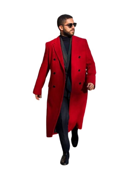 Mens Red Overcoat - Double Breasted Full Length Wool Coat By Alberto Nardoni Brand Designer