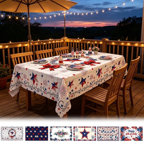 Lksixu 4th of July Patriotic Tablecloth, 59"x79" Red White & Blue Star Rectangular Table Cloth, Washable Farmhouse Fabric Table Cover, Patriotic Table Decorations for Independence Day, Memorial Day