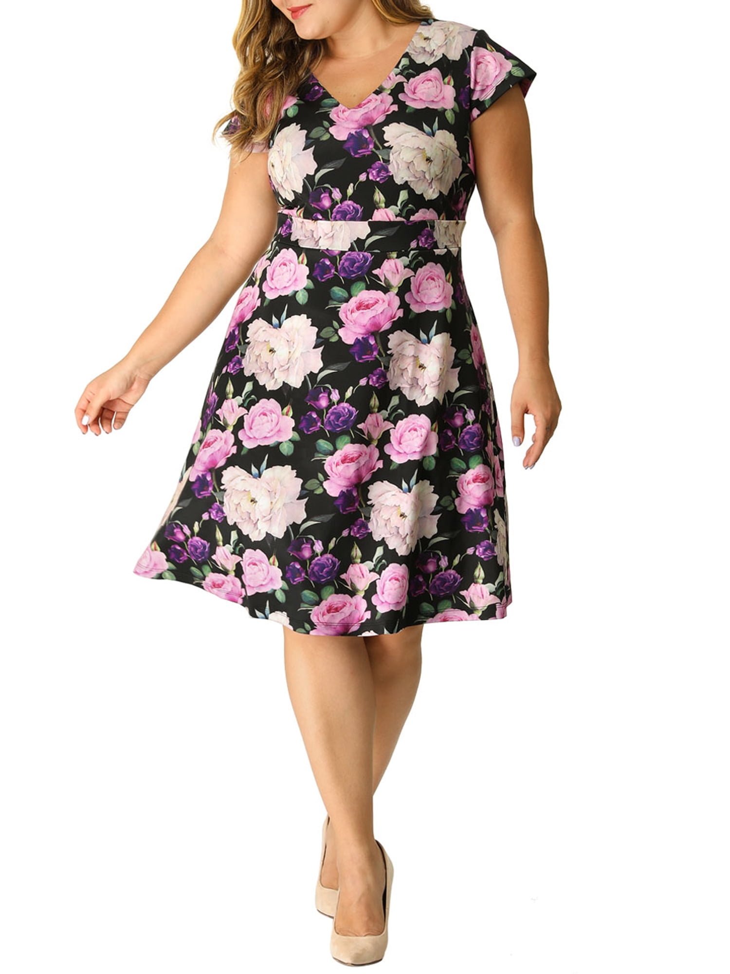 DARING DIVA Plus Size Fashion Cap Sleeve V Neck Above Knee Dress 4X Black