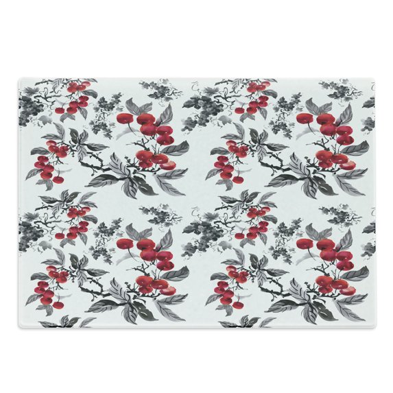 Rowan Cutting Board, Abstract Modern Garden Theme with Rowan Plant Botanical Pattern Design, Decorative Tempered Glass Cutting and Serving Board, Large Size, Ruby Grey Black, by Ambesonne