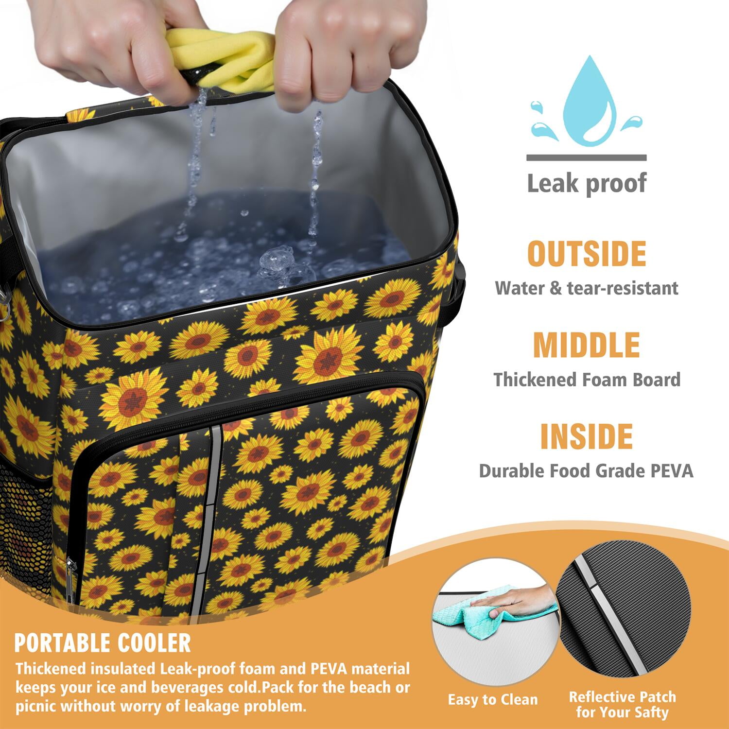 Travel Cooler Bag - Black Sunflower Camping Beer Cooler Backpack with Bottle Opener- Waterproof Insulated Picnic Backpacks - Cooler Bag for Beach