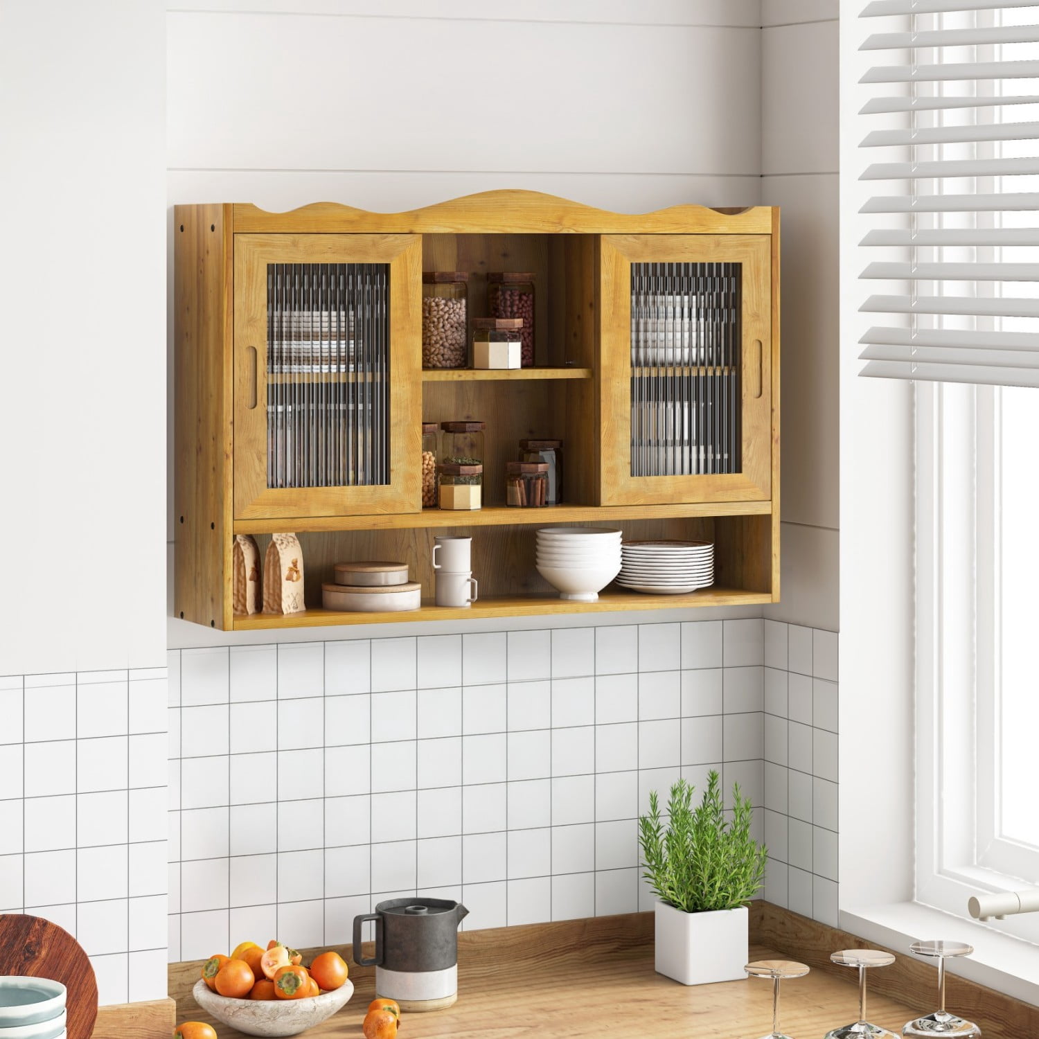 35.4" Retro Wall Mounted Storage Cabinet with 2 Sliding Glass Doors, 3 Tier Wooden Shelves, Space Saving Display Cupboard for Bathroom Kitchen Dining Room, Natural