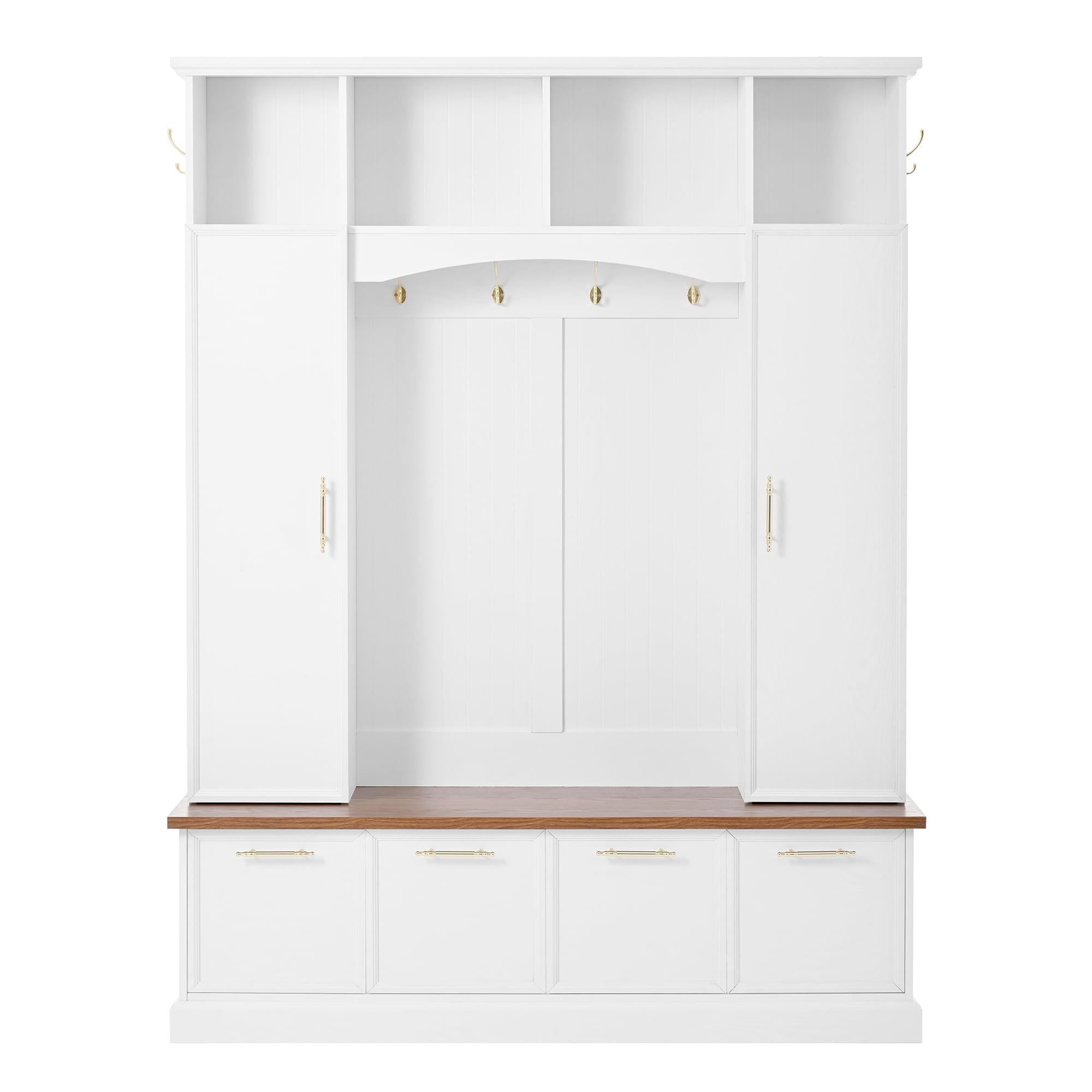 Euroco Wide Hall Tree with Golden Hooks & Handles, Practical Entryway Walnut Bench with Adjustable Shelves, 76.7"H Farmhouse Wooden Style Coat & Shoe Rack for Mudroom, Living Room, White