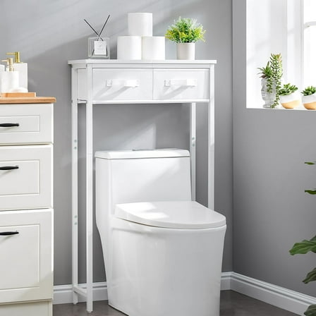2-Tier Over The Toilet Storage with 2 Fabric Drawers, Freestanding Above The Toilet Storage Cabinet, Space Saver Metal Over Toilet Bathroom Organizer Shelf for Small Space, White