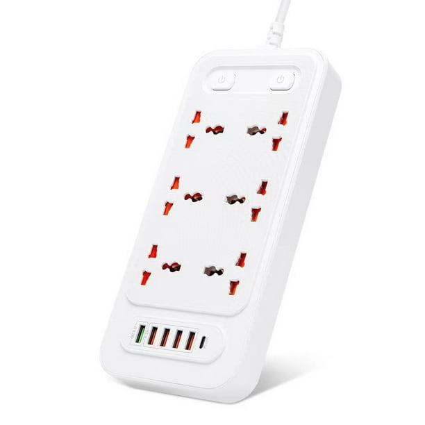Inteprter Tira de tomacorrientes universal de 6 vías con puertos USB, enchufes eléctricos multifuncionales ignífugos, oficina, escuela, apartamento Electrónica Enchufe de la UE Blanco
