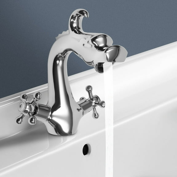 Antique Faucet Dragon-Shaped Faucet 2-Handle One Hole Bathroom Sink Mixer Tap Silver