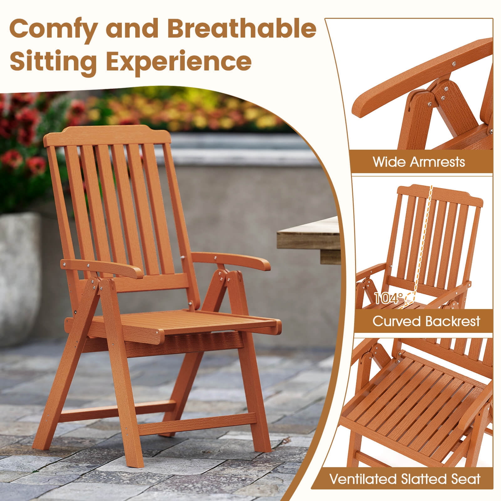 Costway Foldable Patio Chair with Armrest, Curved Back, Slatted Seat for Backyard Deck Brown