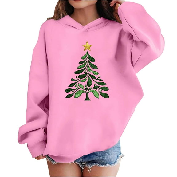 Lorytime Kids Hooded Sweatshirt for Girl Boys Christmas Tree Sweatshirt Long Sleeve Tops Drop Shoulder Festive Pullover