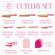 Paris Hilton 20-Piece Cutlery Set, High-Carbon Stainless Steel Blades, Faceted Glitter Handles, Blade Guards & Cutting Mats, Pink
