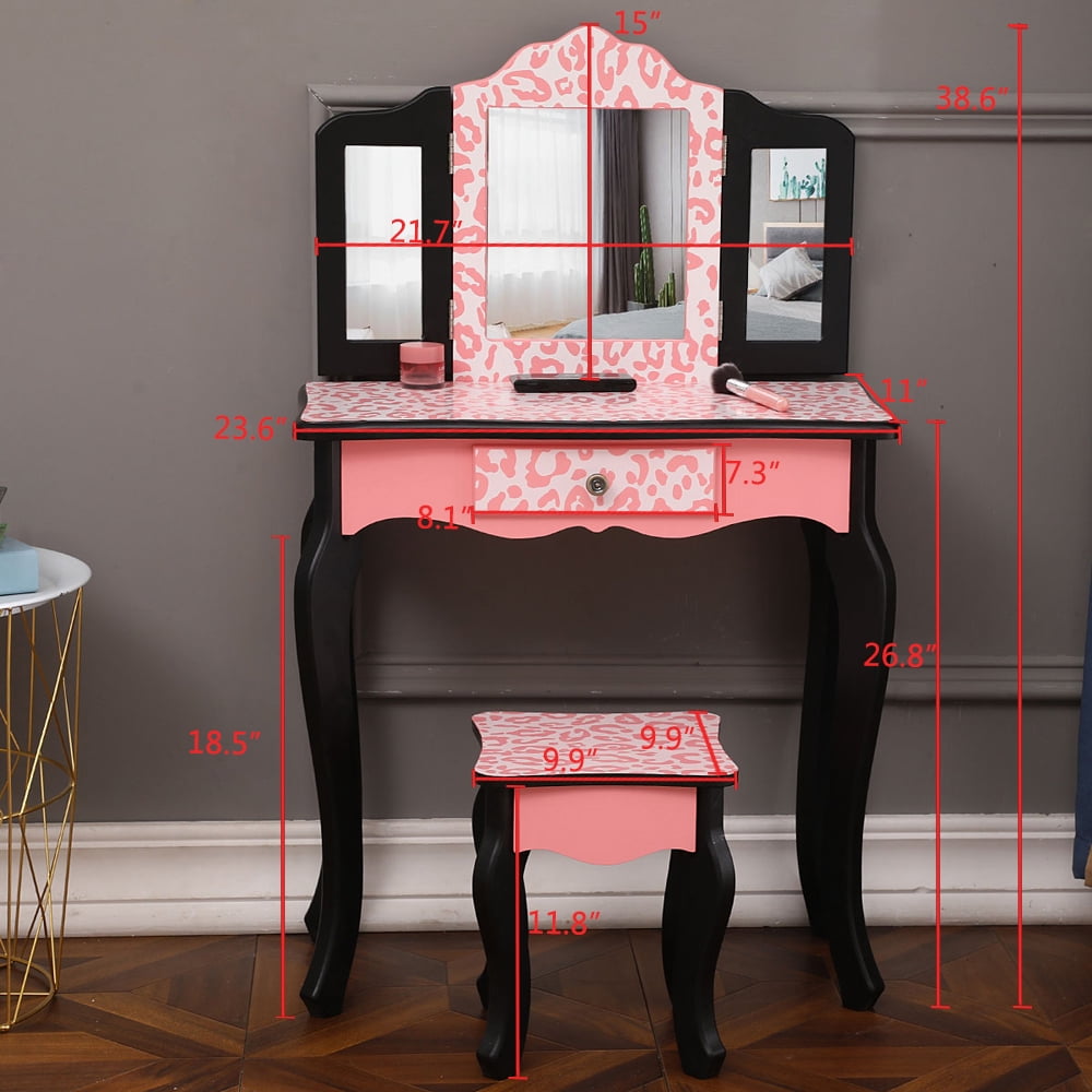 Children Dresser Three-Fold Mirror Single Drawer Arc Feet Red Leopard Print