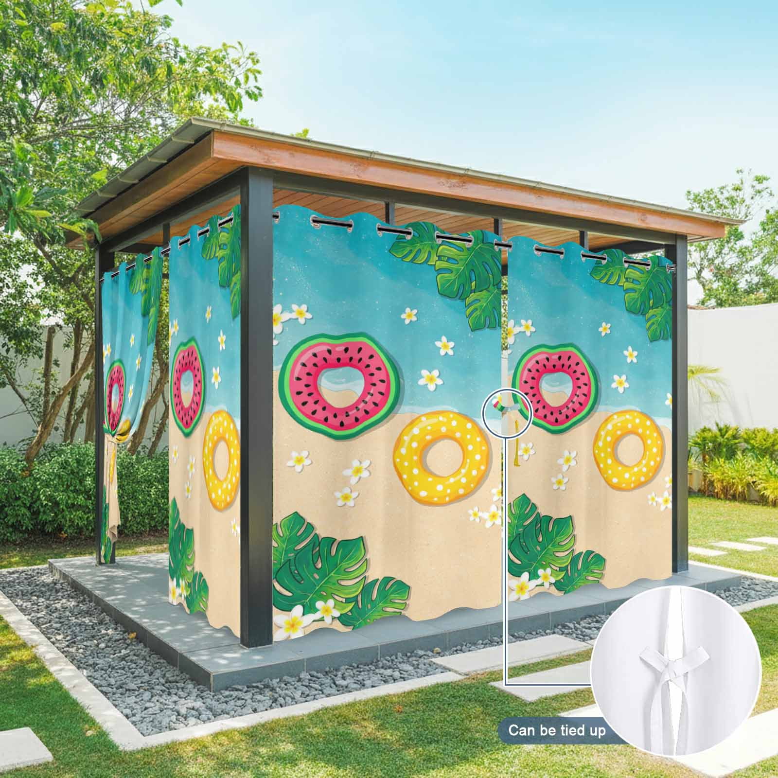Summer Floral Outdoor Curtains for Patio, Tropical Leaves Watermelon Swimming Rings Beach Sunshade Privacy Drapes Grommet Waterproof Outside Curtains for Porch/Cabana/Balcony 54"x 108", 1 Panel