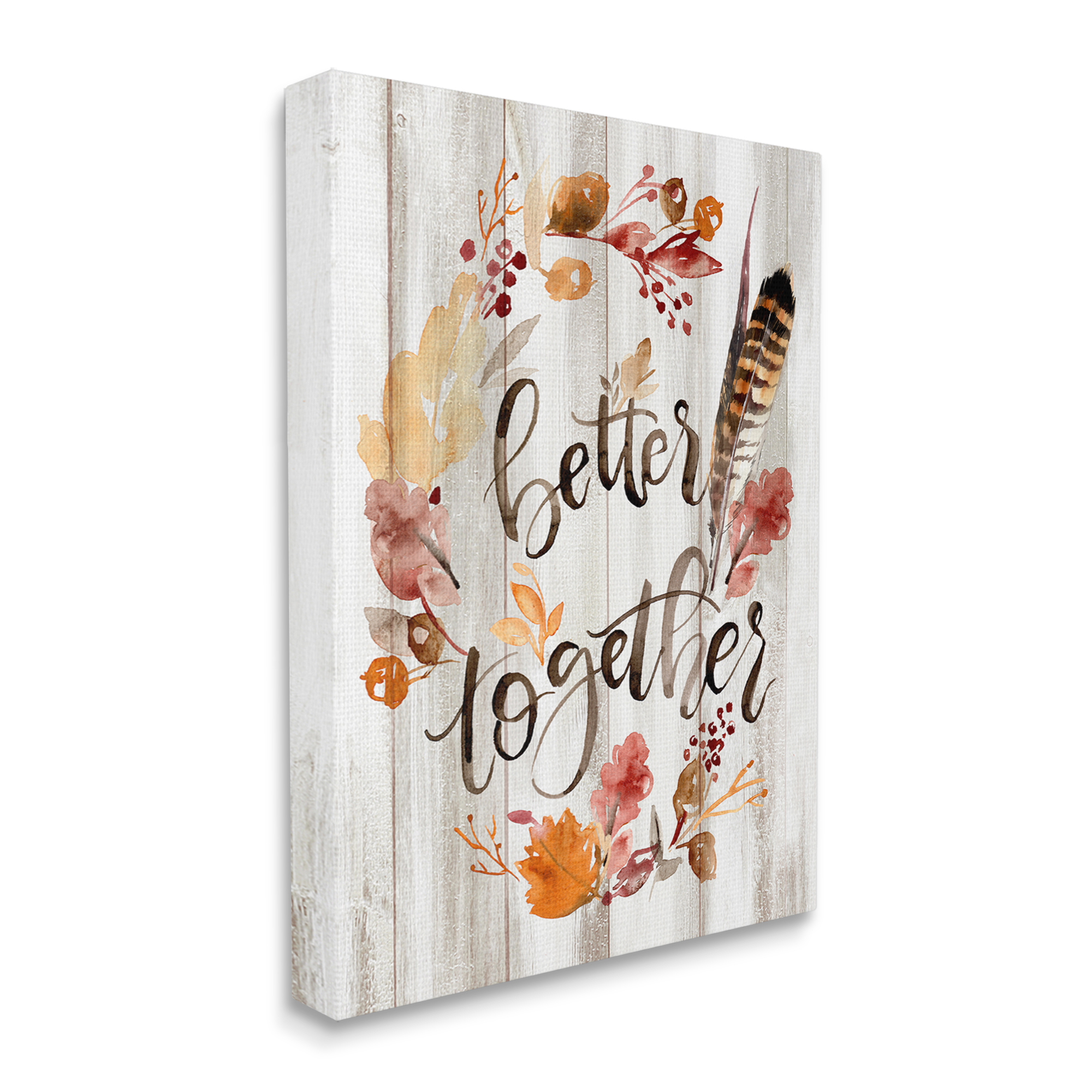 Better Together Rustic Boho Calligraphy Feather Plants Botanical & Floral Graphic Art Gallery-Wrapped Canvas Print Wall Art