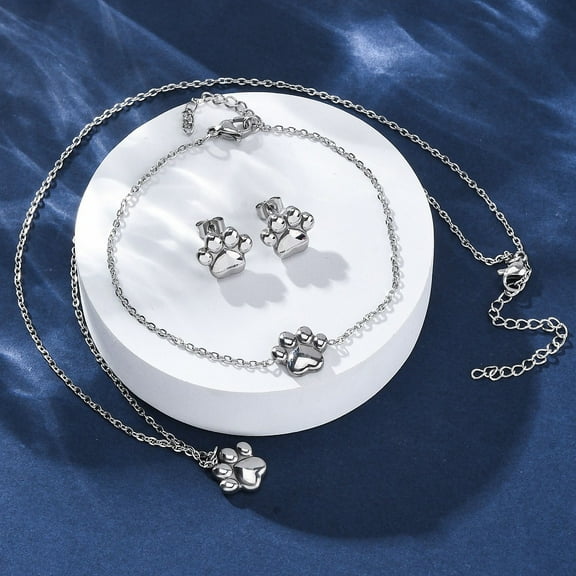 Dog Paw Print 304 Stainless Steel Pendant Necklaces & Bracelets & Stud Earrings sets for Women Stainless Steel color 17.72 inch(450mm)