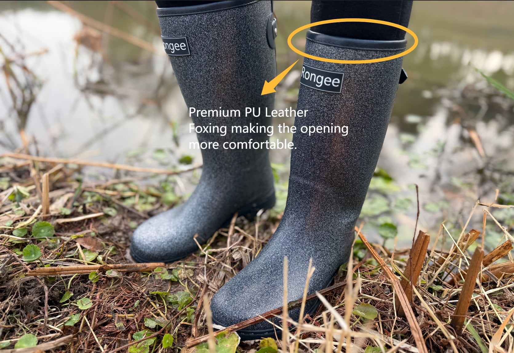 Rongee Waterproof Rain Boots for Women Mid Calf Garden Shoes Glitter Boots Outdoor Mud (7 B(M) US)