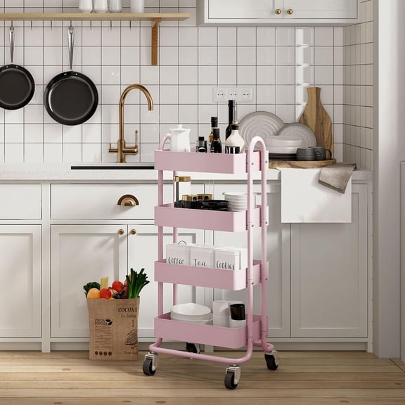 4-Tier Pink Rolling Cart, Metal Utility Storage Organizer with Wheels for Kitchen Office Home Garden