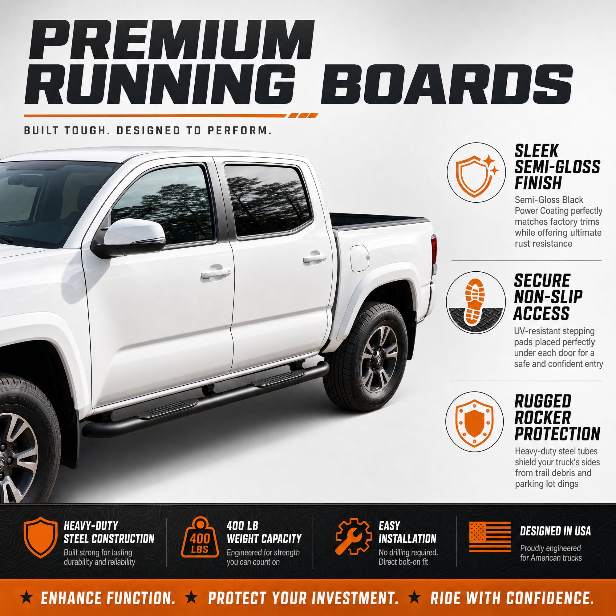 2-Piece 4-Inch Running Boards Side Steps for Toyota Tacoma 2005-2023 Crew Cab, Oval Straight Carbon Steel Nerf Bars with Black Powder Coat, Black