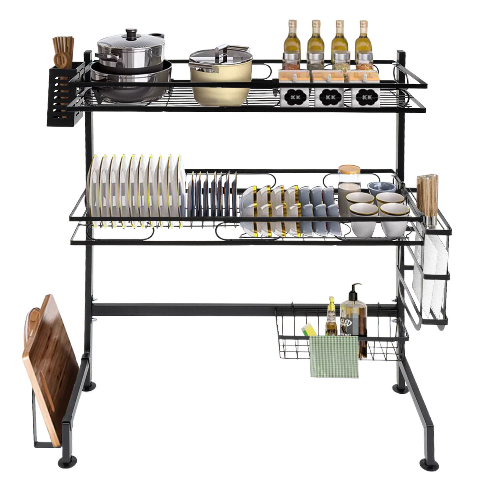 2-Tiers Over-The-Sink Dish Drying Rack Adjustable Large 24.4'' Kitchen Large Drainage Rack Over Sink Kitchen Countertop Dish Drying Sotrage Rack Black