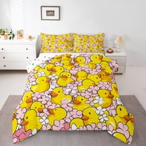 jejeloiu Cute Duck Bedding Comforter Set,Kawaii Flower Twin Comforter Sets,Pink Yellow Bedding Set For Girls Boys,Breathable Home Decor Reversible,2 Pieces
