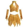 thumbnail image 3 of inlzdz Girls Sequin 3 Piece Dance Outfits Halter Crop Top with Skirt Gloves Set Jazz Latin Ballroom Dancewear Gold 6, 3 of 6