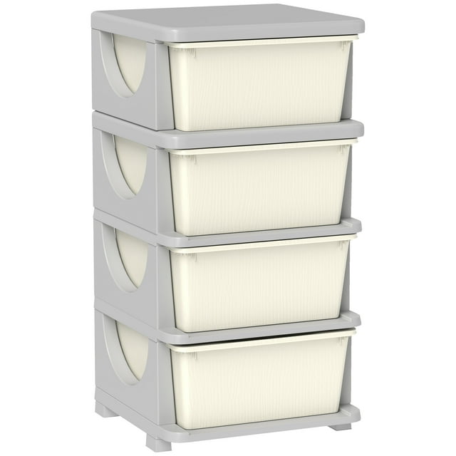 Qaba 4 Tier Kids Toy Organizer with 4 Plastic Storage Bins, Cream White