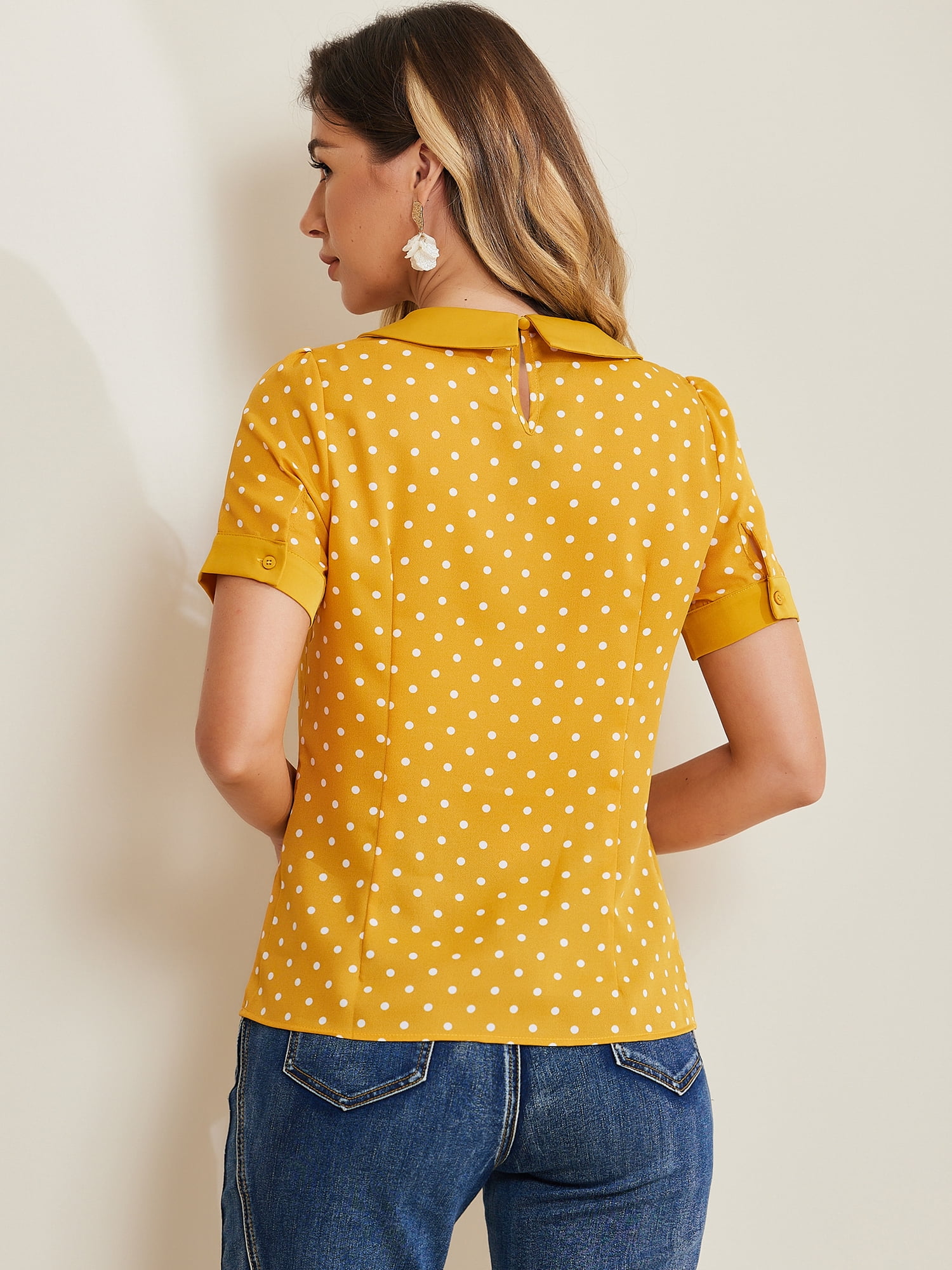 DARING DIVA Women's Peter Pan Collar Polka Dots Short Sleeve Tops M Yellow