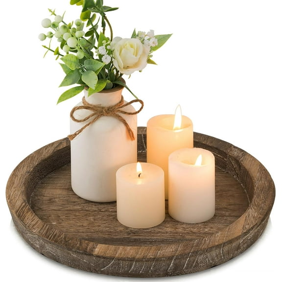 Candle Plate Holder Tray: Round Wood Decorative Candle Plate Decor Farmhouse Table Centerpiece Rustic Wood Tealight Pillar Trays for Christmas Wedding Halloween Home Decor