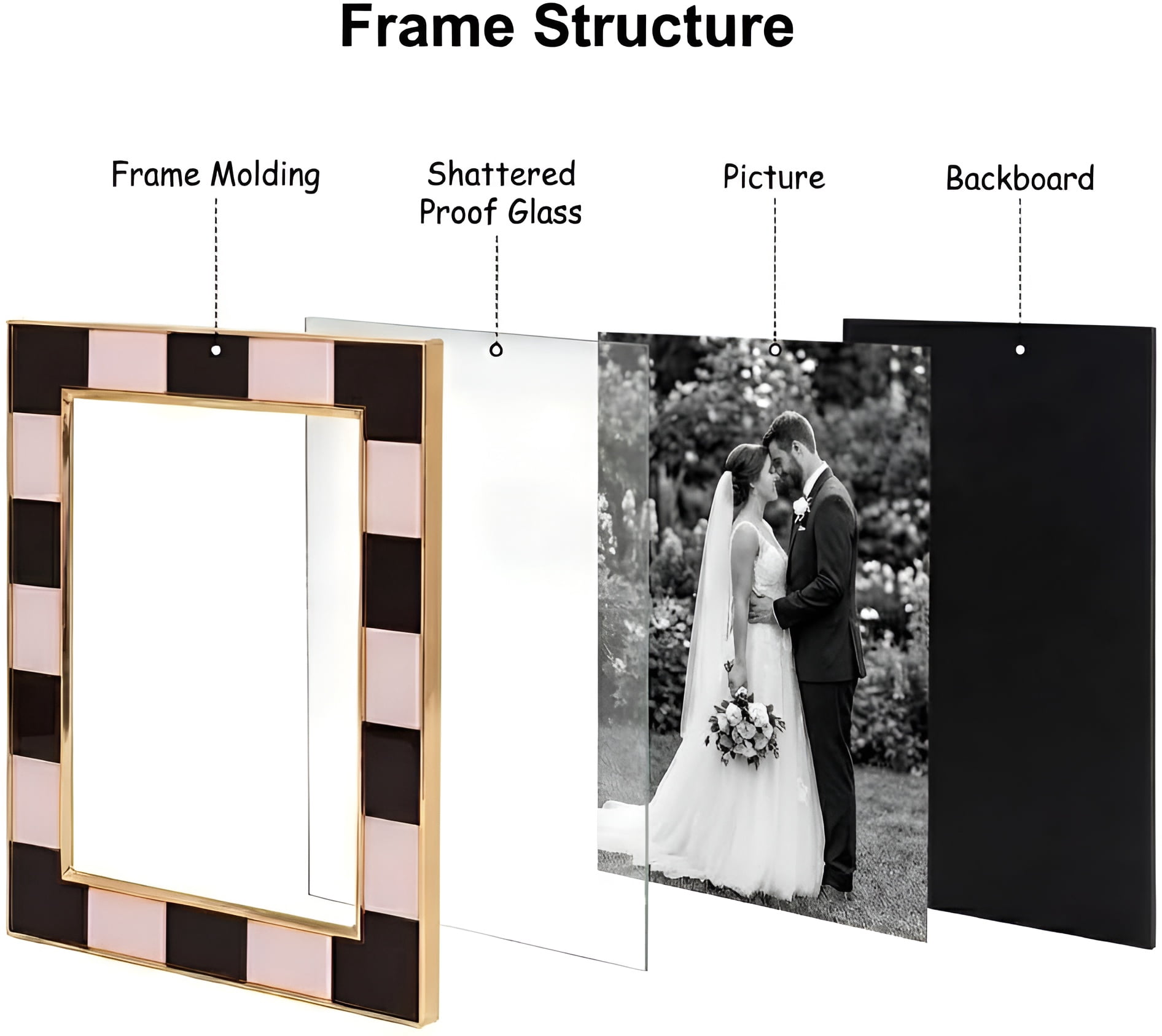 Concepts 4x6 Picture Frames Black & White Checkered Retro Gold Bordered Enameled Photo Frames with HD Clear Glass, Durable Wall or Tabletop Display Vertical/Horizontal (pack of 4)