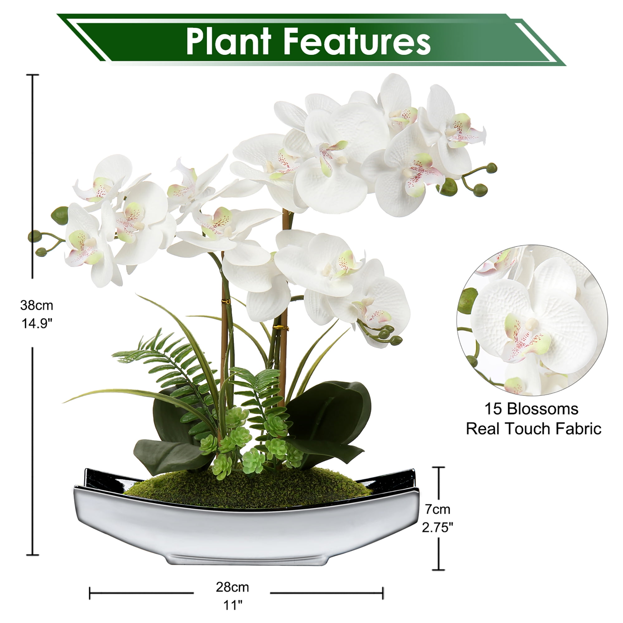 Artificial Flowers 15" White Orchid Flower Phalaenopsis Orchid in Silver Boat Shaped Vase Realistic Touch Faux Orchid Plant