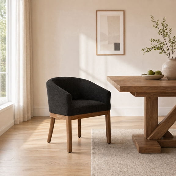 GOMYHOME Mid-Century Barrel Dining Chair, Linen Upholstered Accent Chair with Arms, Solid Wood Frame, Black