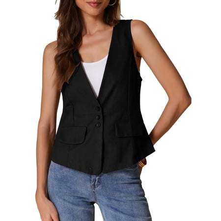 DARING DIVA Womens Linen Vest Loose Sleeveless Blazer Lightweight Jacket M Black