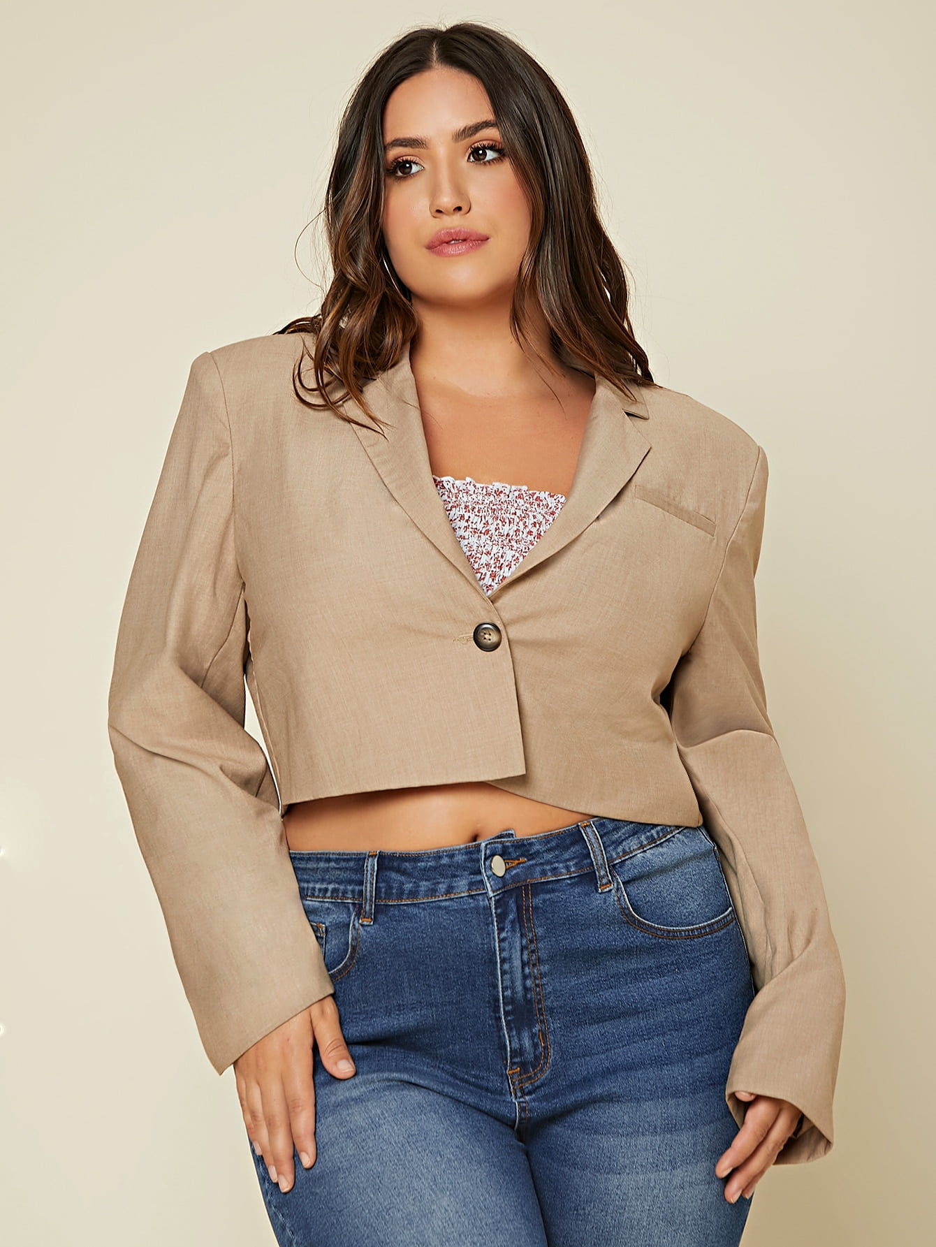 Stylish Plus Size Khaki Crop Blazer for Women Kuwait Ubuy