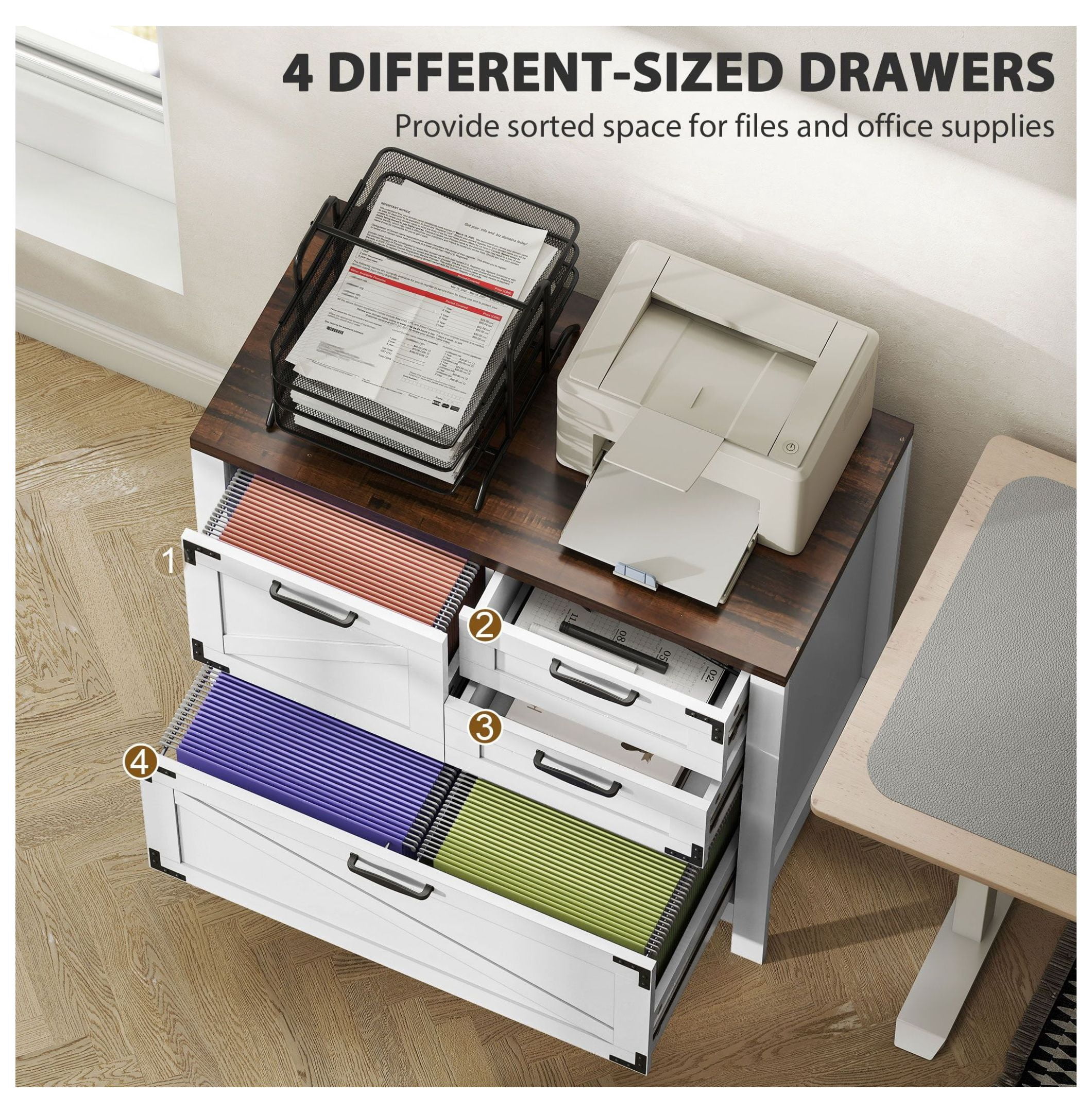 HOMCOM 4-Drawer Lateral File Cabinet, White Farmhouse Office Storage Cabinet for Legal, Letter & A4 Files, Engineered Wood with Printer Top, Home Office & Study Organization