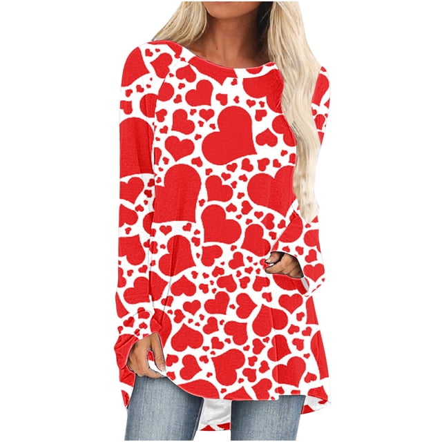Cameland Chemises Grande Taille pour Femmes Imprimé Cœur Hauts de la Saint-Valentin Manches Longues Tunique Col Rond Blouses