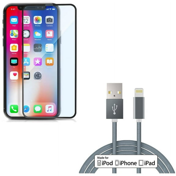 iPhone XS/X - 10ft MFi USB Cable w Anti-Glare Screen Protector - Certified Charger Cord Power Wire Braided Long, Tempered Glass Matte 3D Curved Edge Anti-Fingerprint Case Friendly