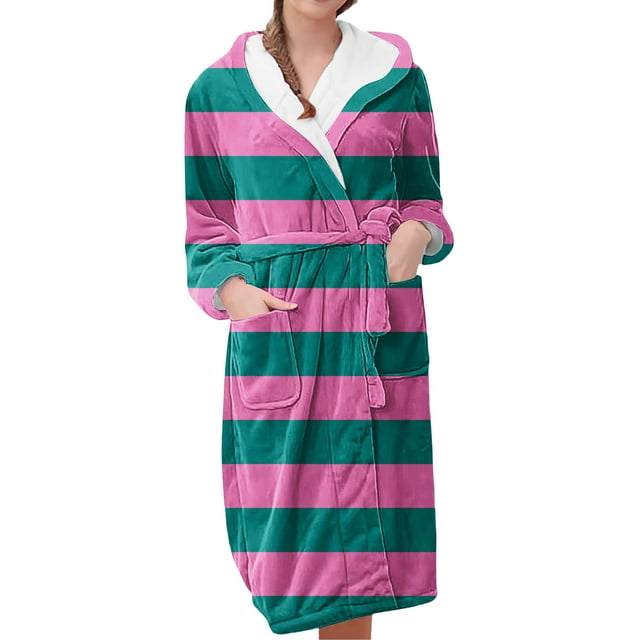 Women's Fleece Plush Robe Long Warm Plush Bathrobe Loungewear Jacket Printed Comfort Robe