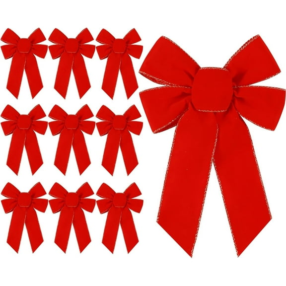 10 Pcs Red Bows Christmas Tree Decorations,9”x13” Large Velvet Wreath Bow with Glitter Gold Edge for Xmas Home Fence Stairs Railing Fireplace Indoor Outdoor Front Door Decor