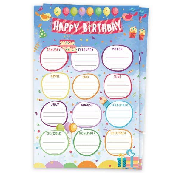 2Pcs Reusable Happy Birthday Chart Posters Birthday Chart Calendar for Classroom Decorations Rectangle Word 430x280mm
