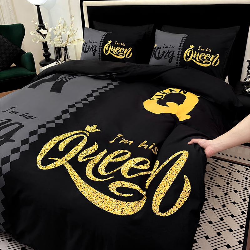 3PCS Duvet cover Set The soft (1 Duvet cover + 2 Pillowcases without Pillow covers), Features high-definition digital printing of crown and letter patterns in a stylish black and gray color scheme.