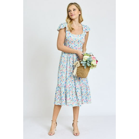 Ditsy Floral Flutter Cap Sleeve Square Neck Midi Dress | S-3X