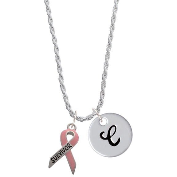 Delight Jewelry Silvertone Pink Ribbon ''Survivor'' Silvertone Script Initial Disc - C - Charm Necklace, 20" 3"