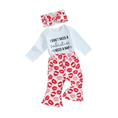 

Co.MMehjri Baby Girls Valentine’s Day Outfits 3 6 12 18 Months Infant Clothes Long Sleeve Romper + Lips Print Flare Pants + Headband Set Infant Clothes